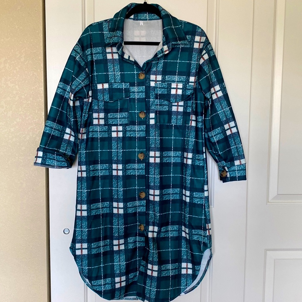 🧥Dark Green/Teal Plaid Duster Shacket🧥